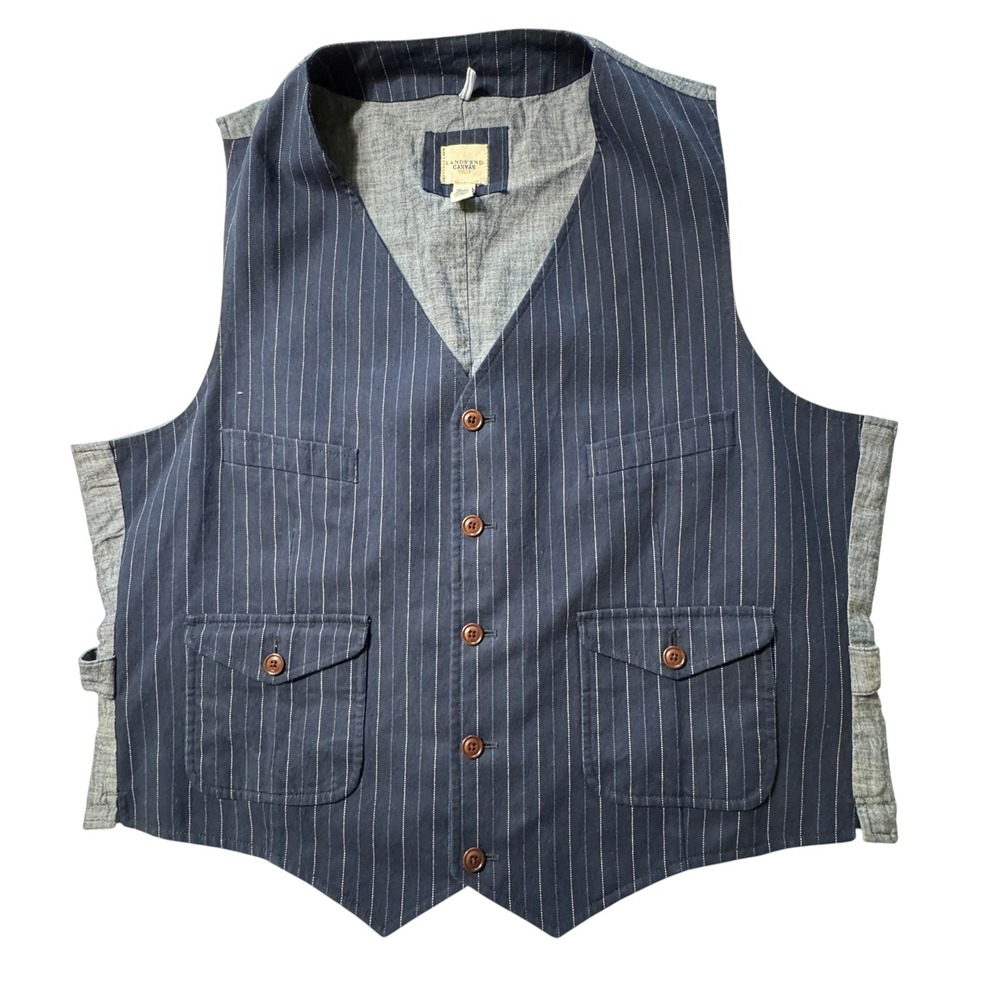 Lands End Canvas Vest Mens XL Blue Excellent Pinstripe Cotton Workwear Vest